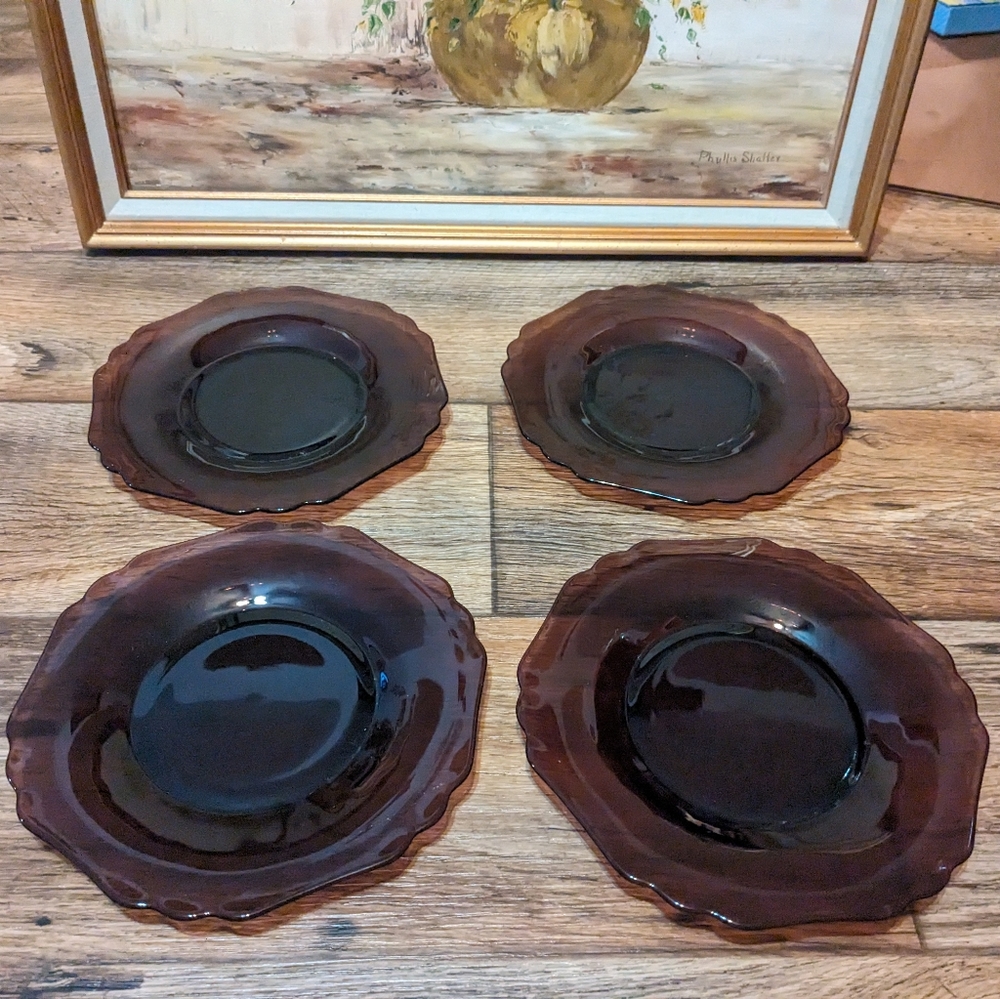 Vintage Black Amethyst Depression Glass 8" Footed Luncheon Plates 3400 Cambridge